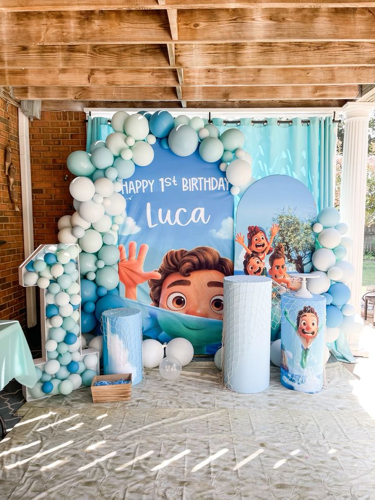 Disney Luca birthday invitation templates featuring Luca, Alberto, Portorosso seaside village, scooters, ocean waves, seashells, fish illustrations and coastal summer colors
