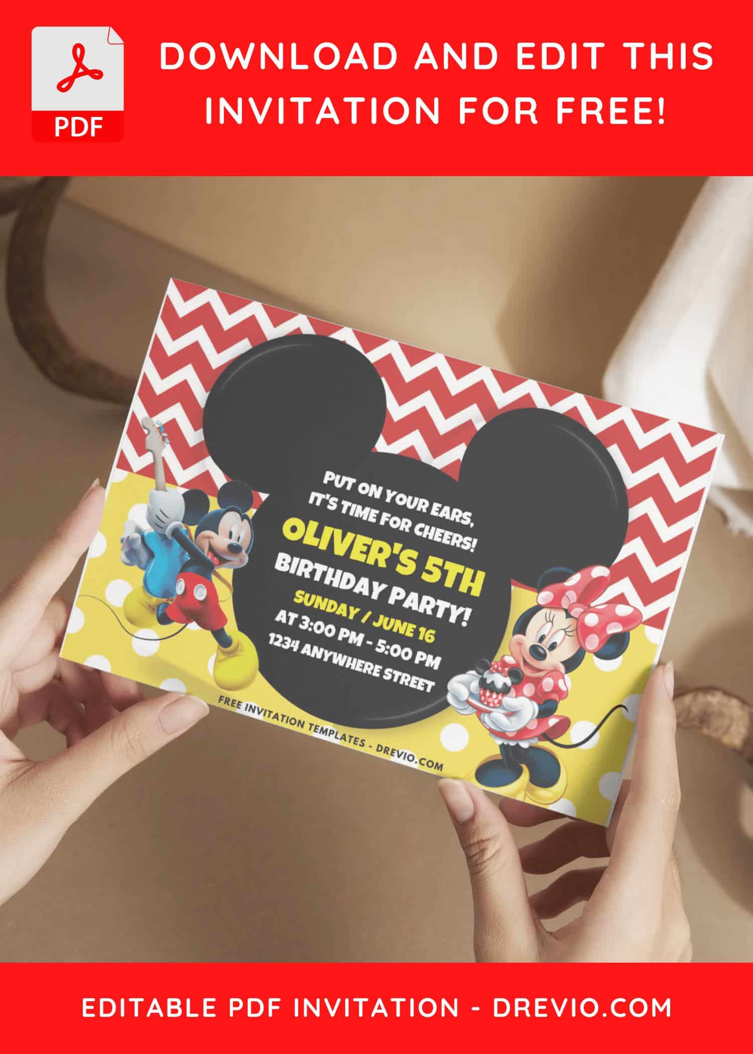 (Free PDF Invitation) Mickey Mouse Polka Dot & Chevron Birthday Invitation