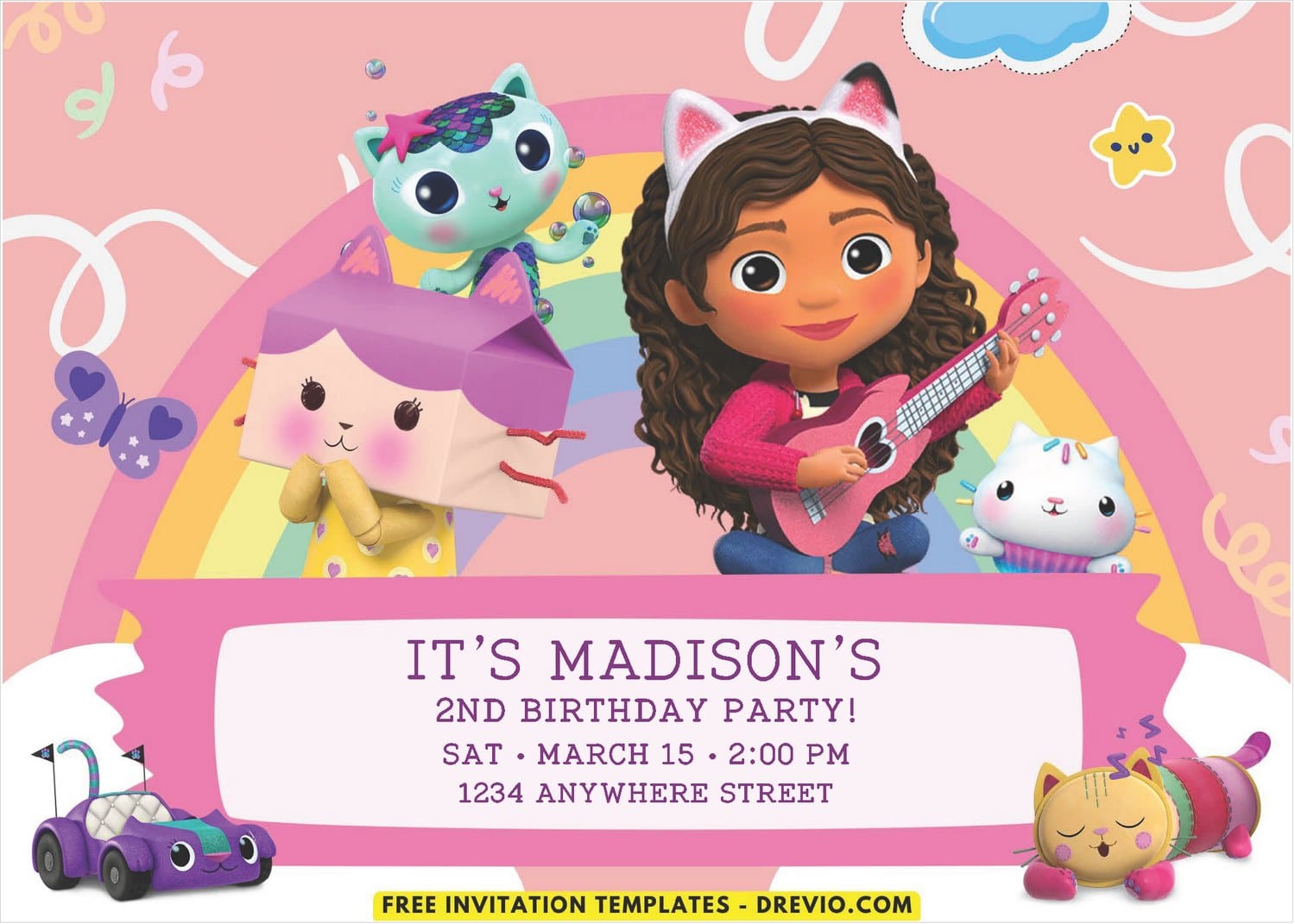 Gabby Dollhouse Rainbow Birthday Invitations Online
