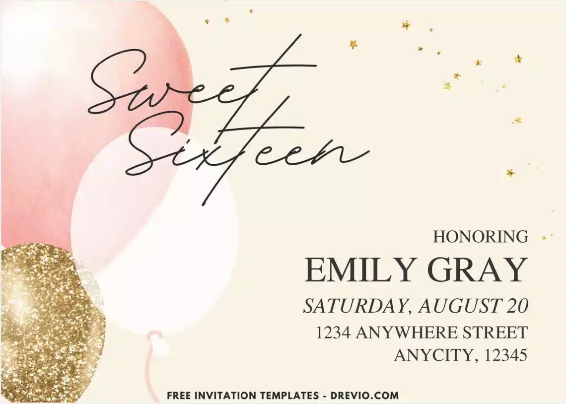 Glitter Balloon Sweet 16 Birthday Invitations
