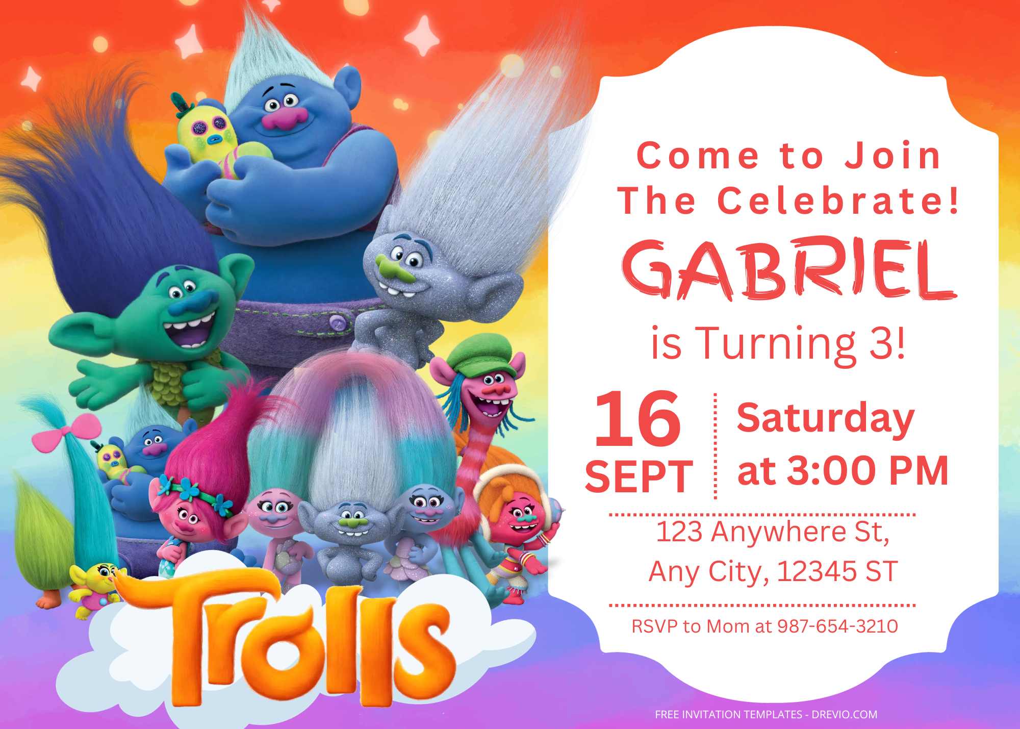 Rainbow Party Trolls Birthday Invitations Online