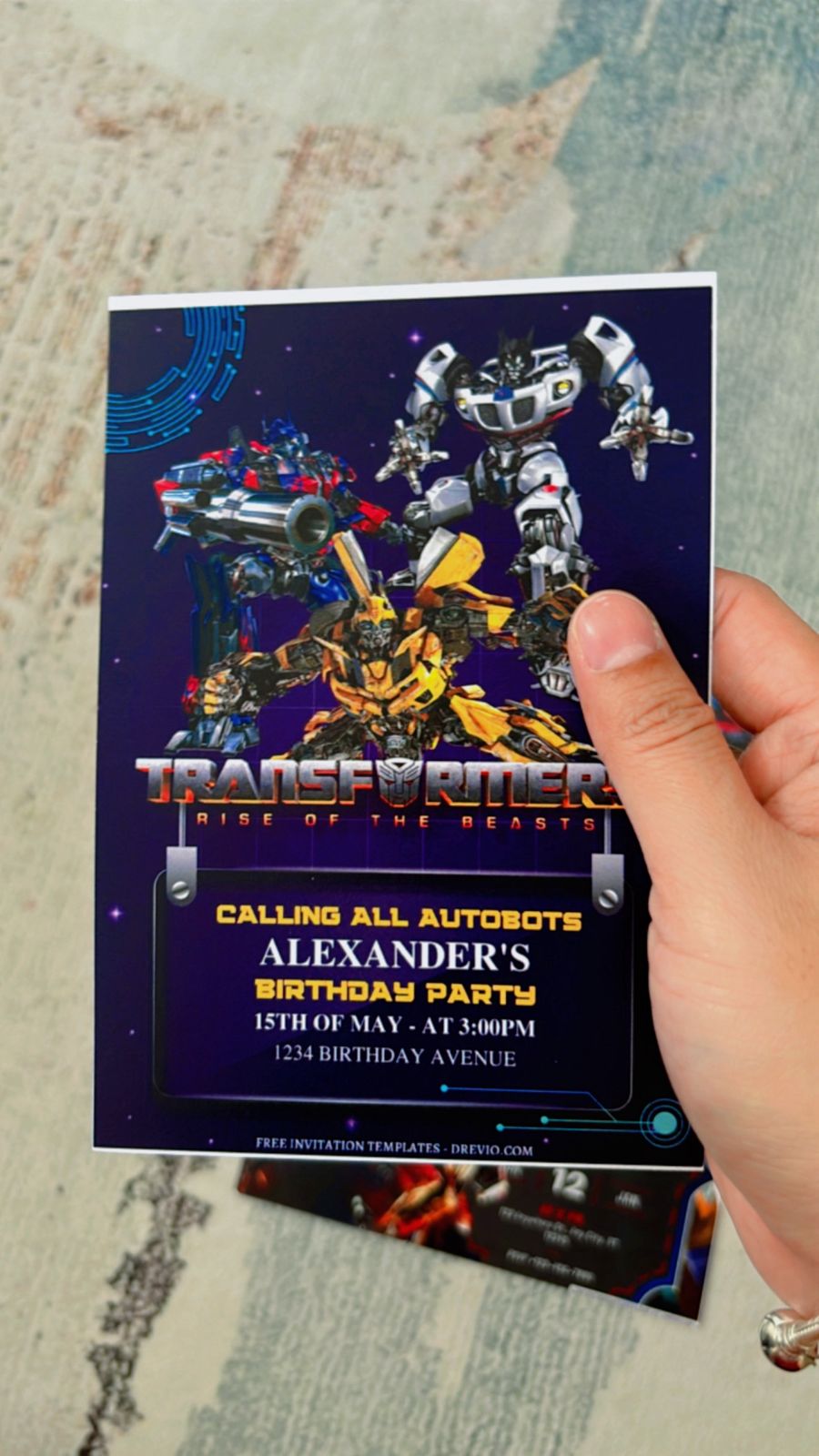 Futuristic Transformer party invitation layout with glowing circuitry patterns, Autobot emblem circled, and bold red-black-blue cyber theme design
