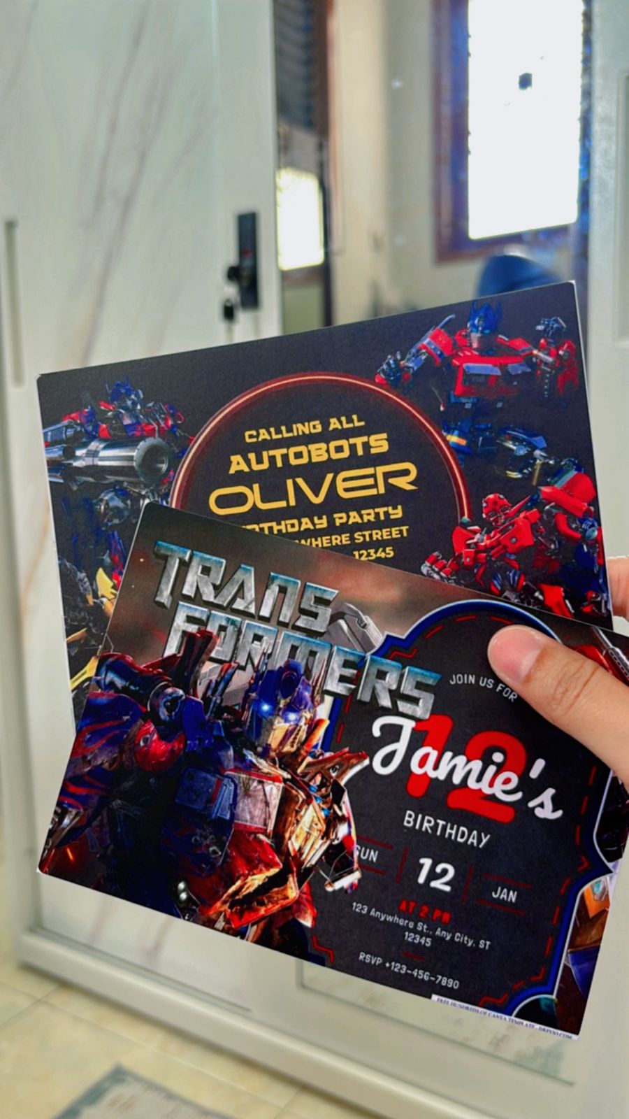 Printable Transformer invitation template featuring centered Autobot badge in a circle, surrounded by tech patterns and comic-style action bursts