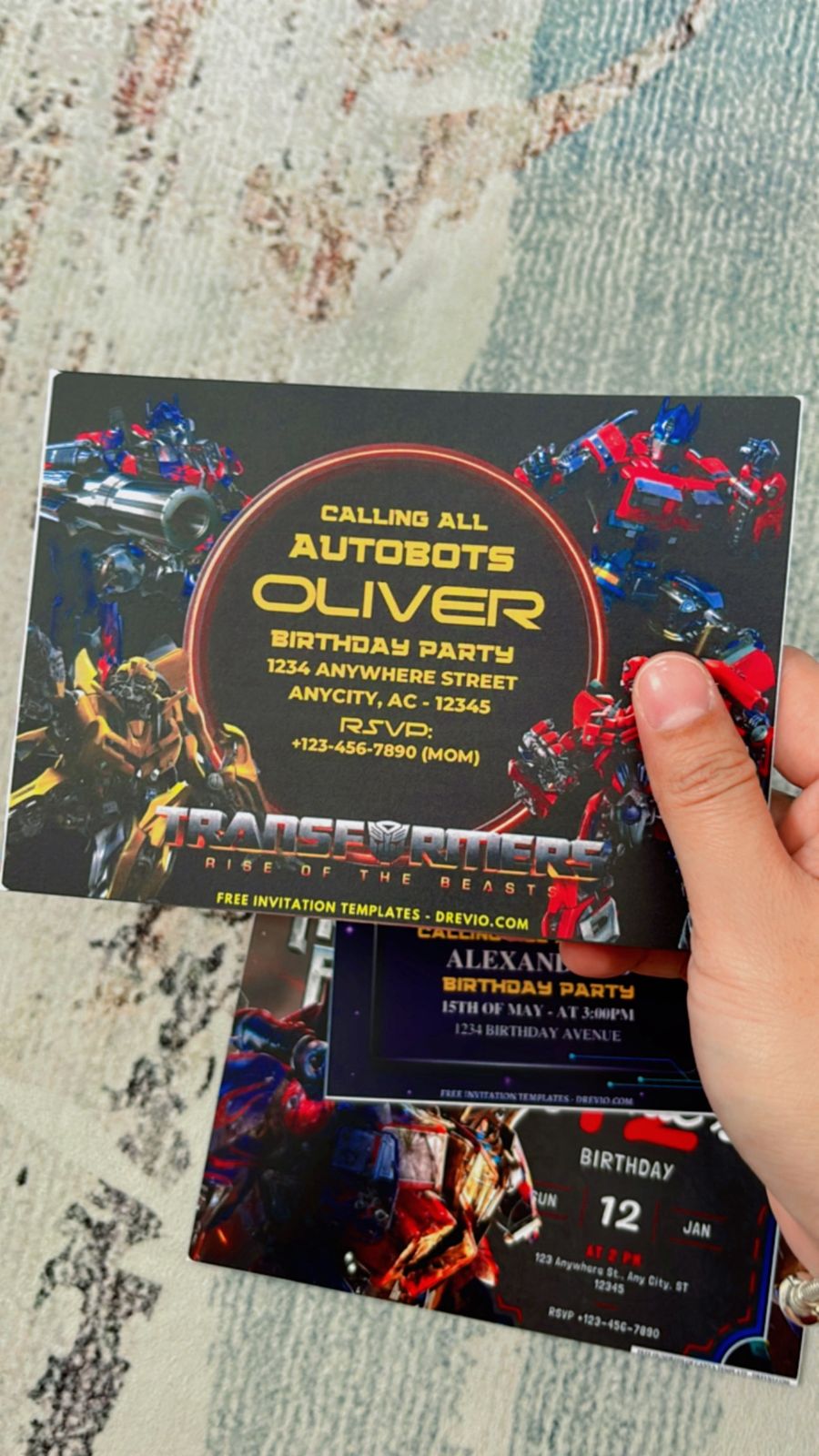 Kids Transformer-themed invitation featuring Decepticon symbol highlighted in a glowing circle, dark tech background, robot silhouettes, and bold neon text
