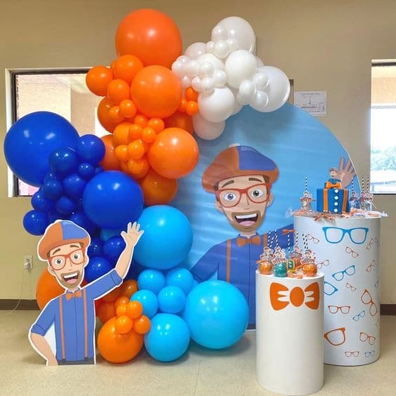 Blue Orange And White balloon arch