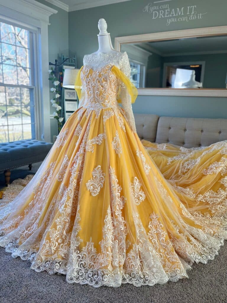 Yellow Wedding Dress with white floral lace