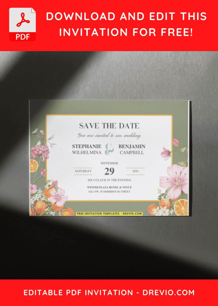 Botanical Daisy and Rose wedding invitation with slice of citrus orange