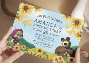 Fluffy Cheek Masha and the cute Bear birthday invitation