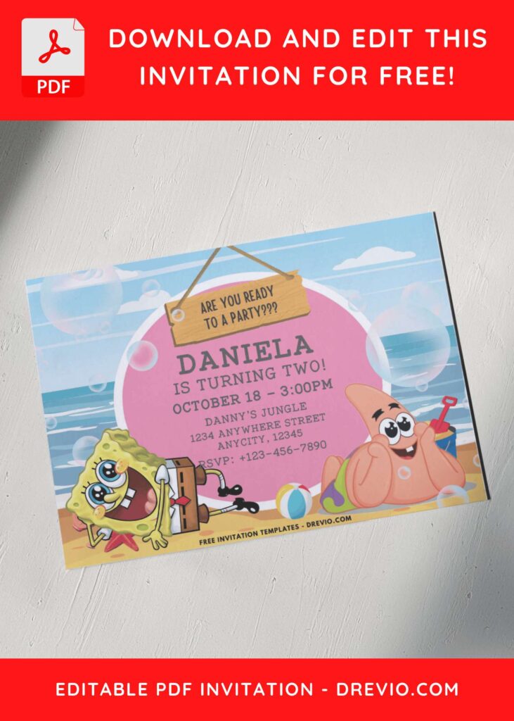 Summer Beach SpongeBob Birthday Invitations 