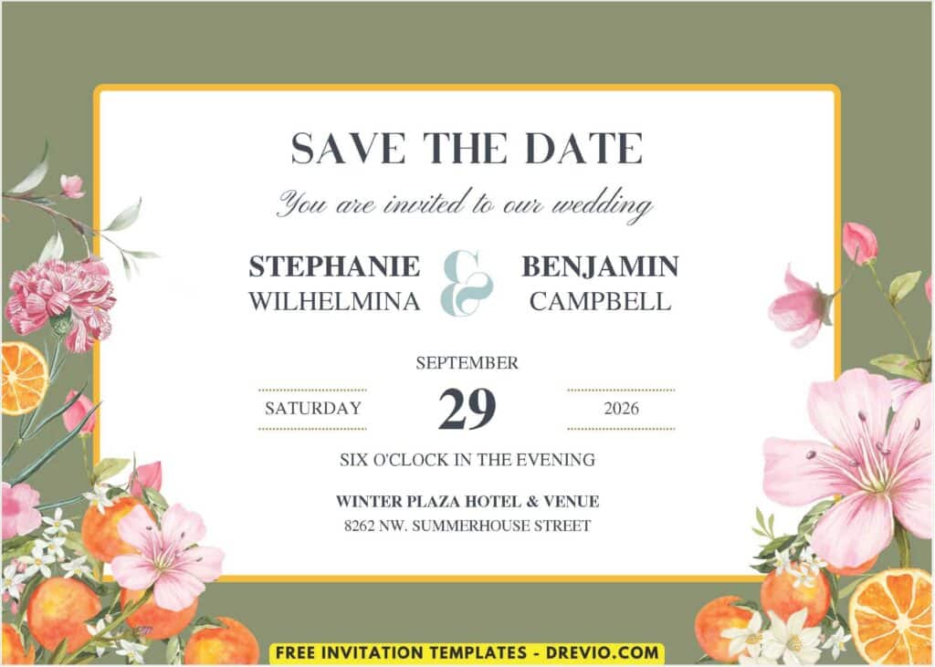 Botanical Floral And Citrus Wedding Invitations 