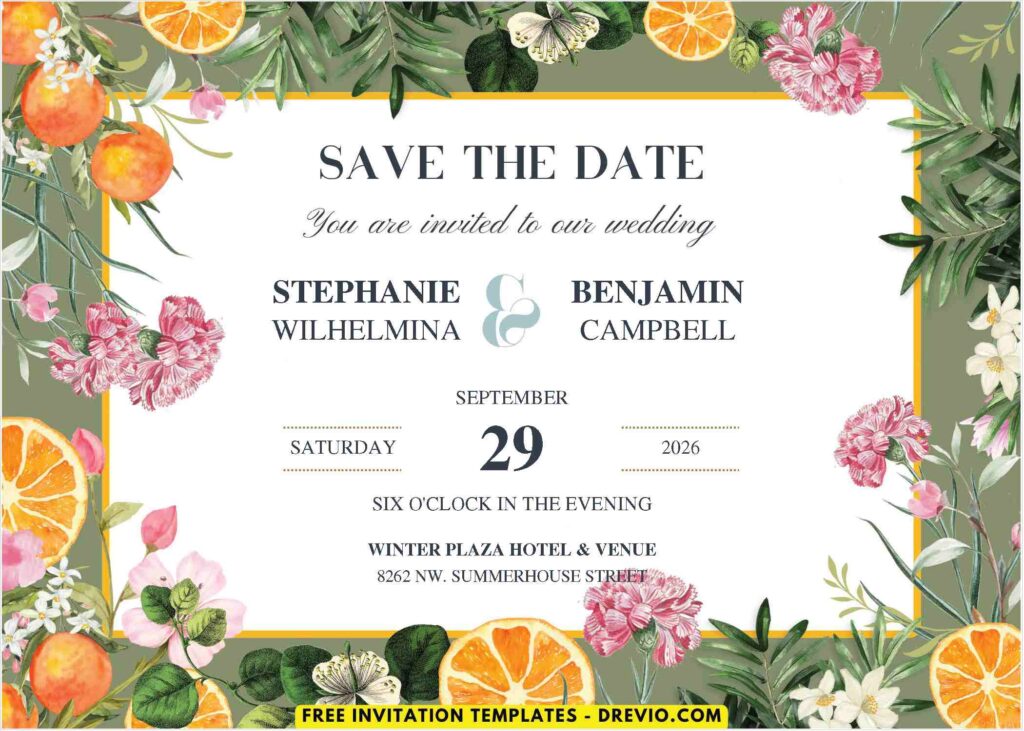 Botanic Garden Orange and Citrus wedding invitation