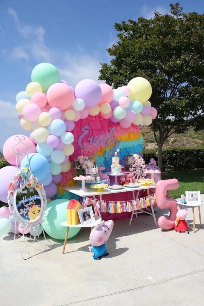 Pastel balloon arch for Peppa Pig Birthday Party