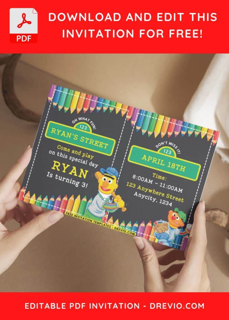 Sesame Street Birthday Invitations with colorful pencil borders