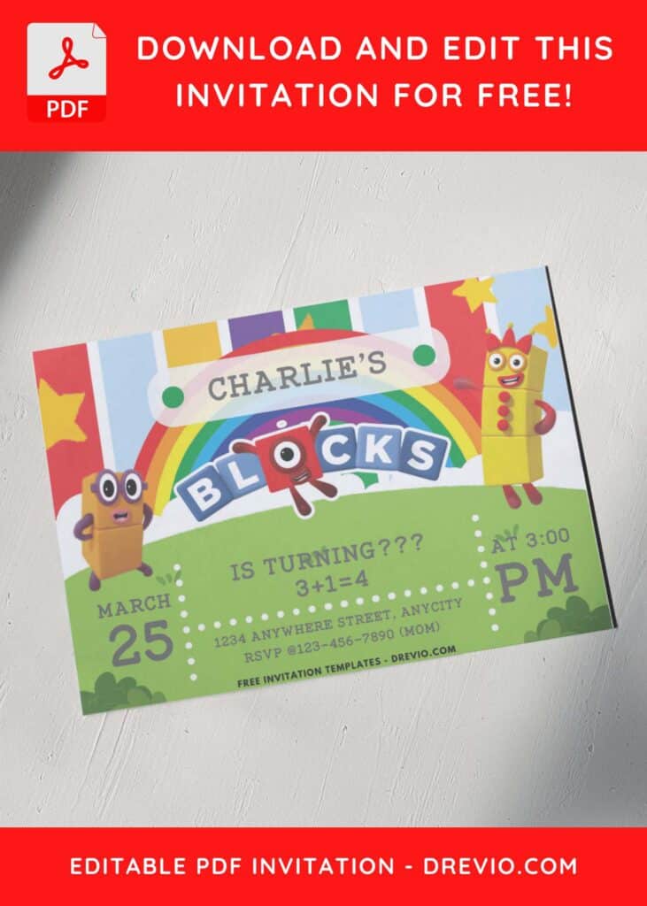 Star and Rainbow Numberblocks Birthday Invitations
