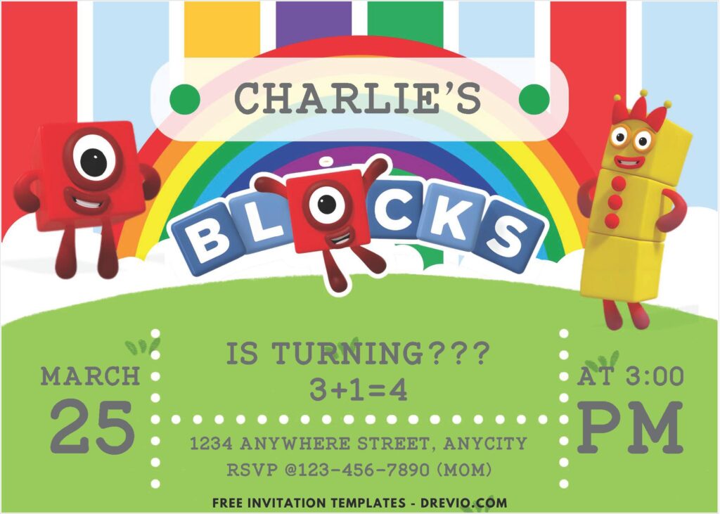 Rainbow Numberblocks Birthday Invitations