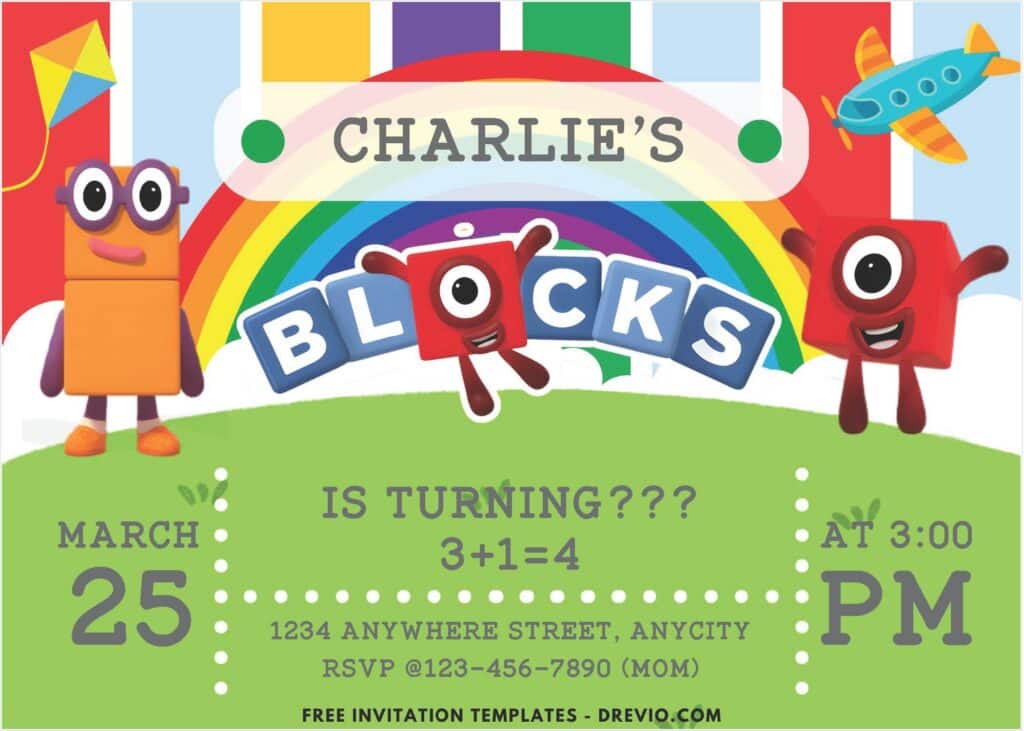Cute Rainbow Numberblocks Birthday Invitations