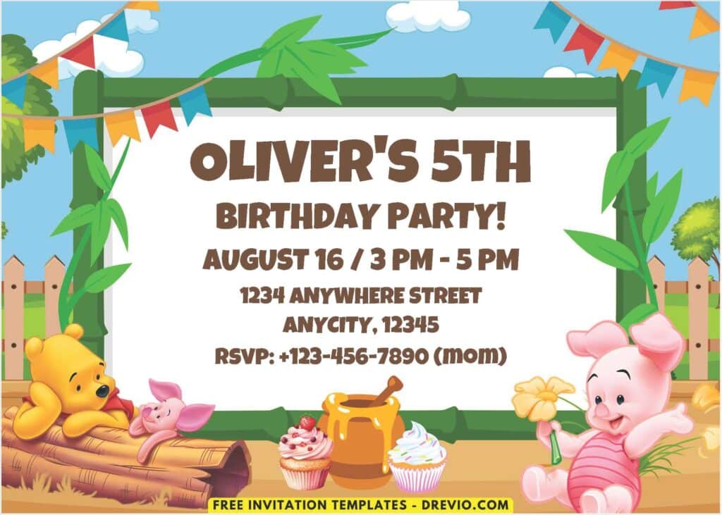 Piglet and Winnie The Pooh Birthday Invitations