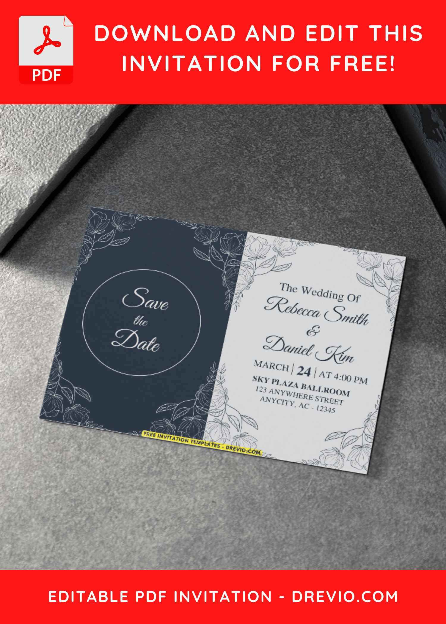 (Free PDF Invitation) Floral Line Art Wedding Invitations