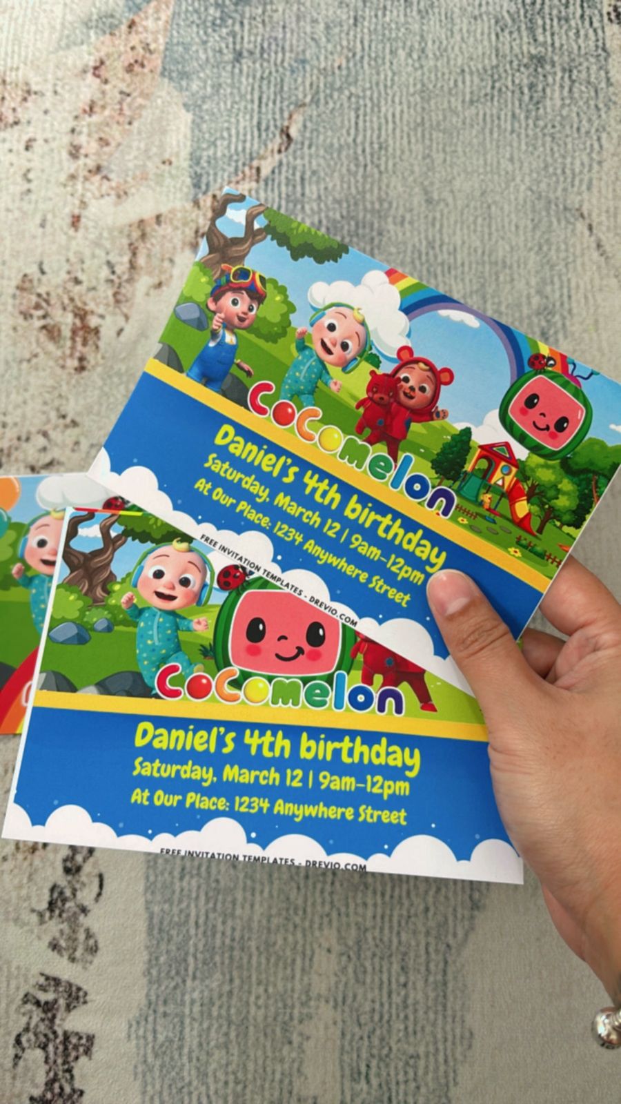 Soft sky Cocomelon invitation with pastel clouds, bus illustration, and minimal kid-friendly design elements