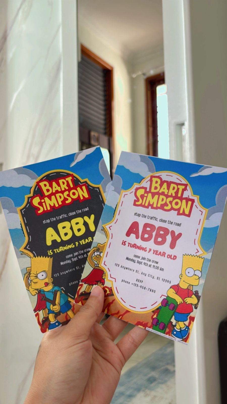 Simpsons birthday invitation with bright yellow background, pink donut sprinkles, and blue sky clouds theme