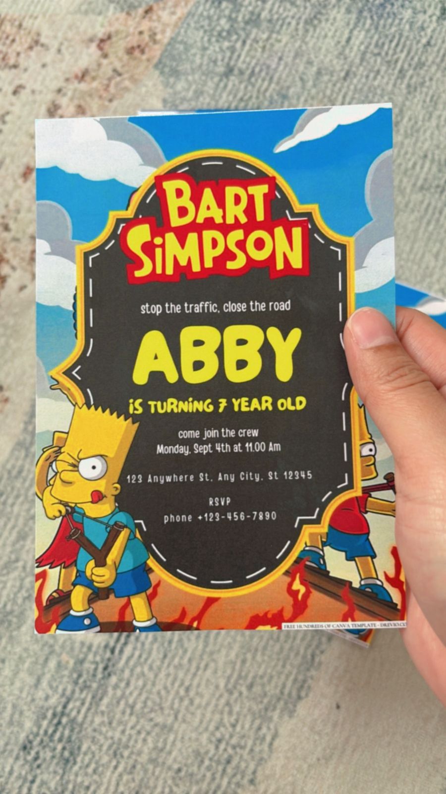 Kids party invitation inspired by Simpsons aesthetic with vibrant yellow tones and iconic donut elements