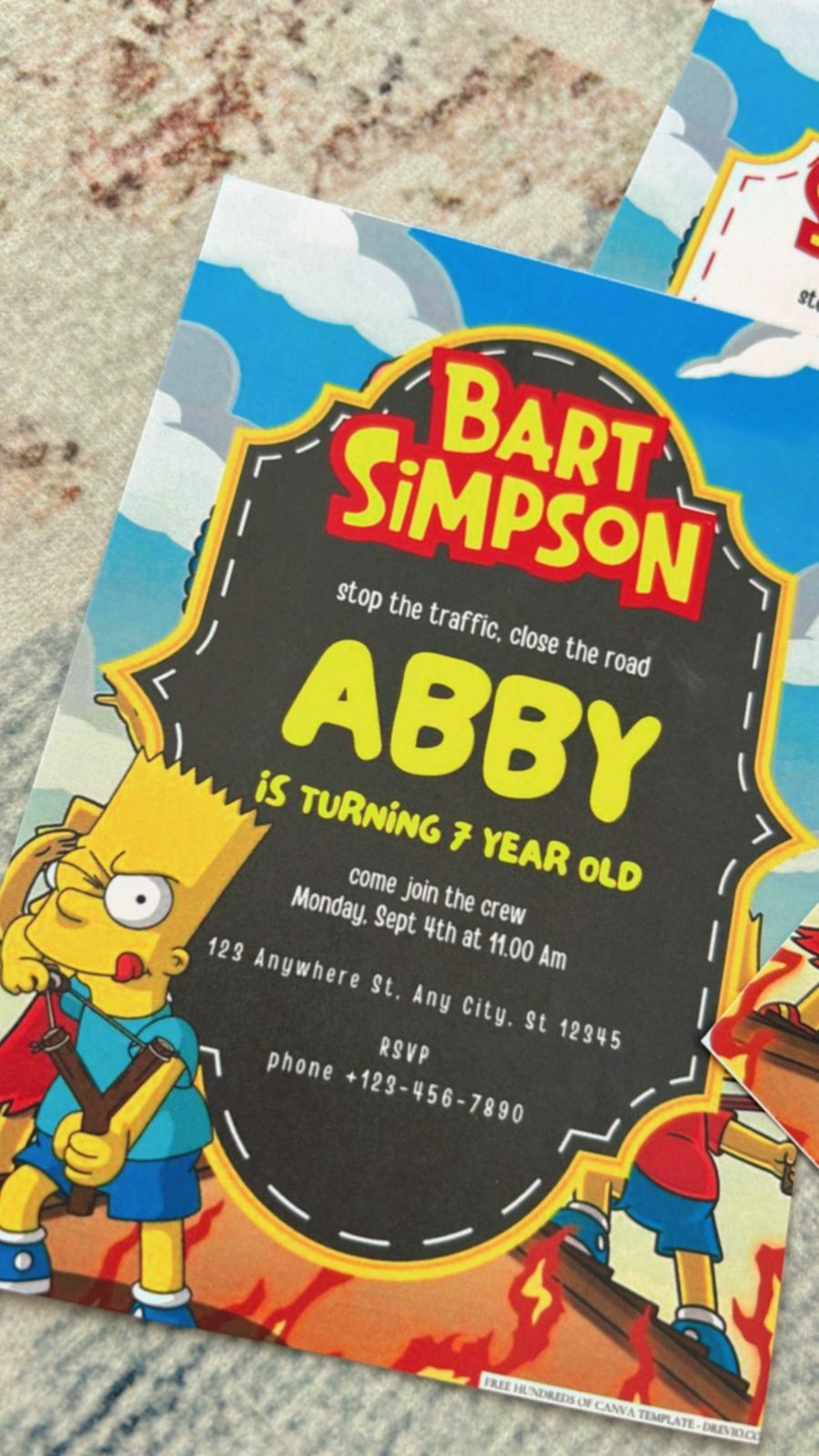 Busy Simpsons-themed invite packed with cartoon characters, donuts, and colorful layered background