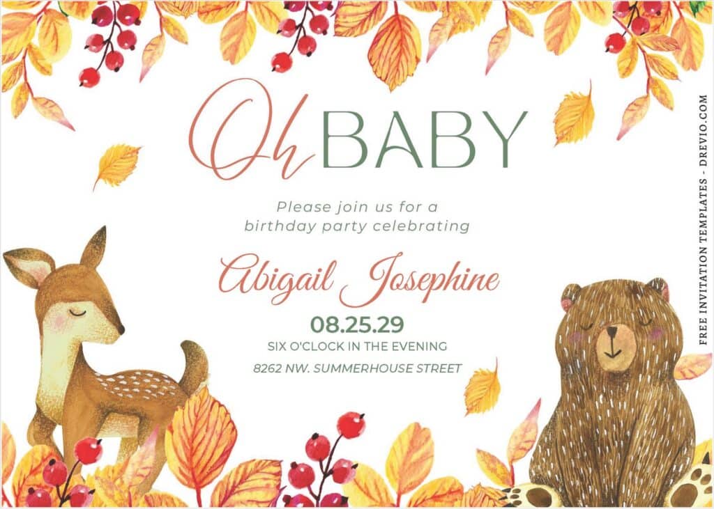 Watercolor Autumn Brown Bear and Fox Woodland Birthday Invitations 