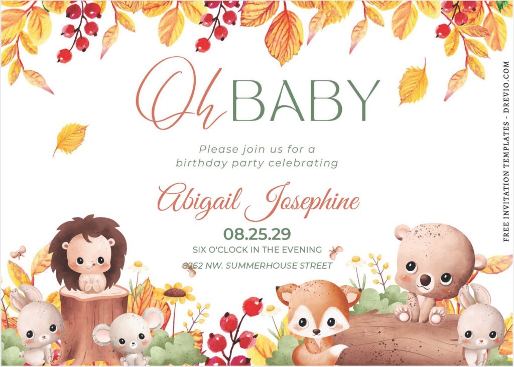 Watercolor Autumn Woodland Birthday Invitations 