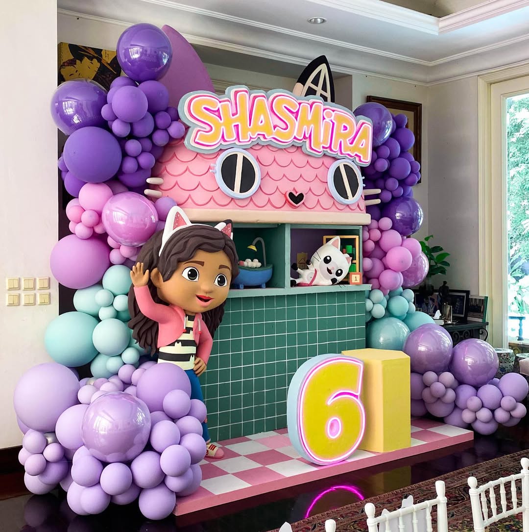 Adorable Blue Purple And Pink Balloon Arch and DIY Gabby Dollhouse Standee