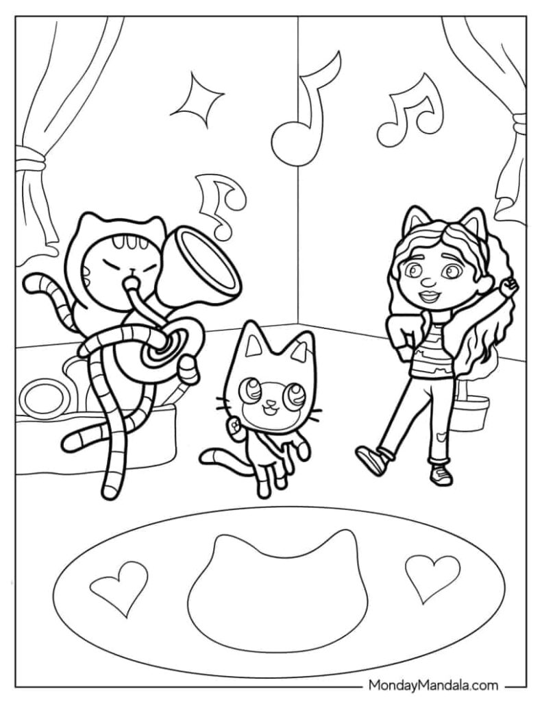 Gabby's Dollhouse and DJ Catnip Coloring Pages Templates