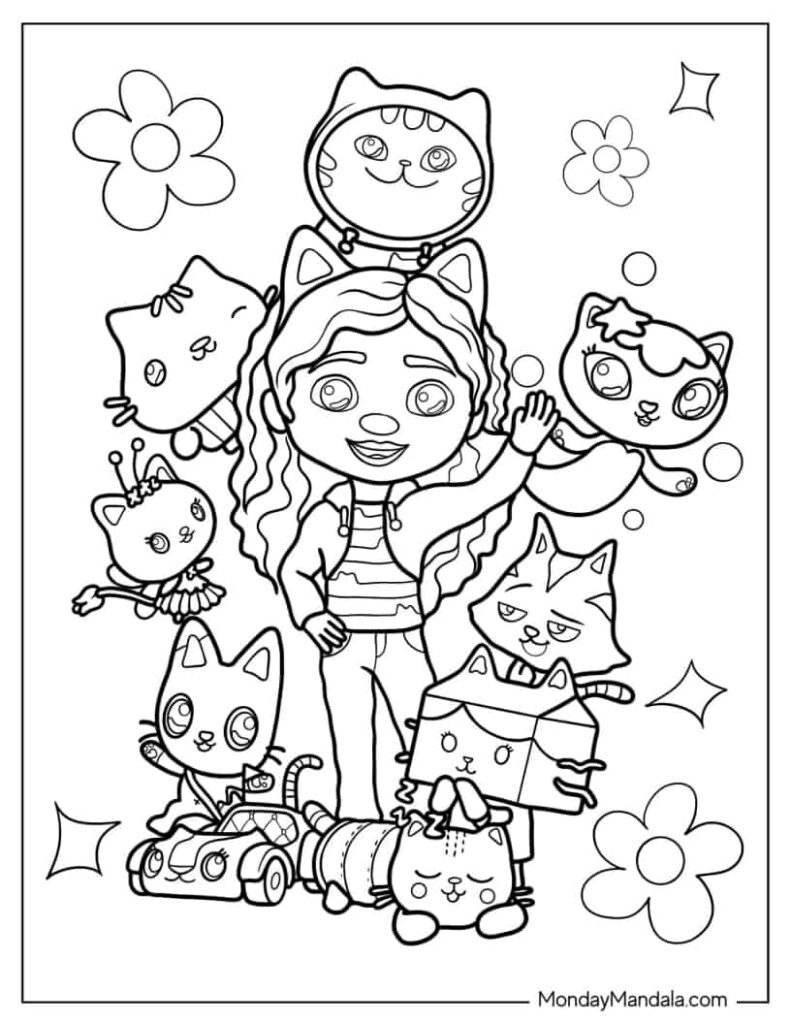 Gabby's Dollhouse Cakey, MerCat, DJ Catnip and PandyPaws Coloring Pages Templates