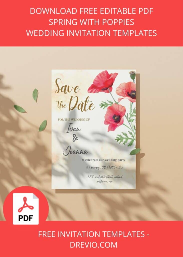 FREE Editable PDF - Spring With Poppies Wedding Invitation Templates