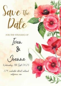 FREE Editable PDF - Spring With Poppies Wedding Invitation Templates