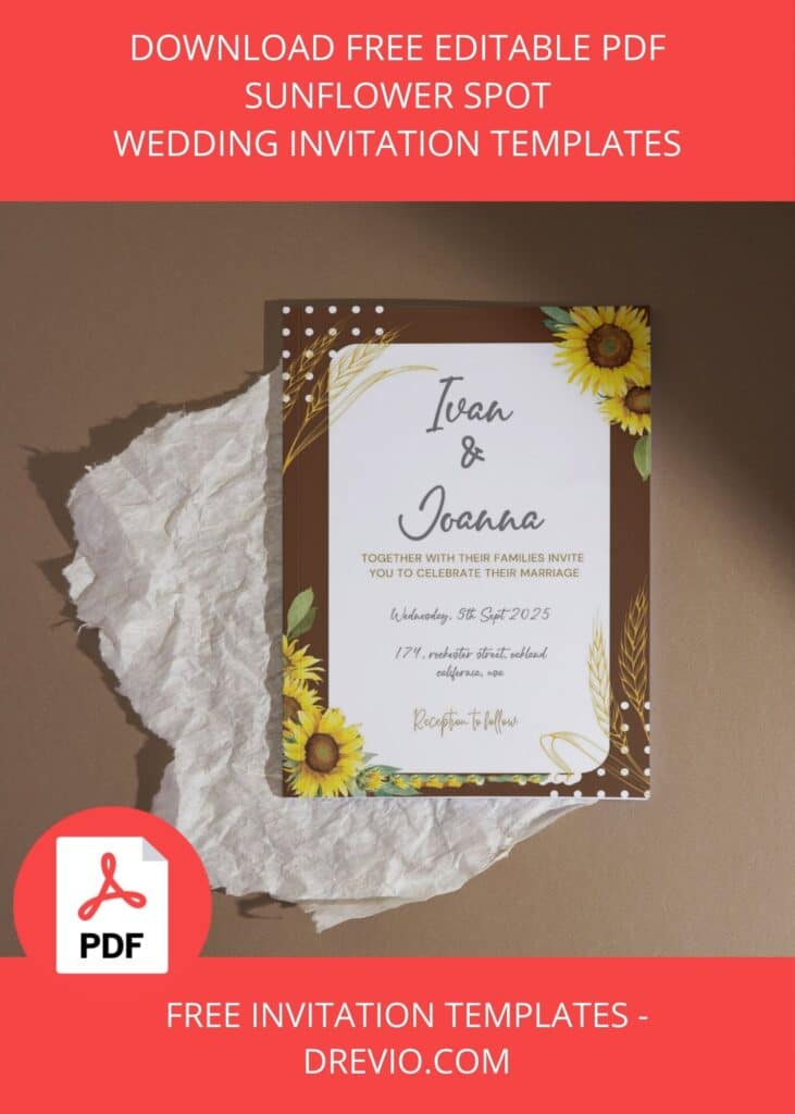 FREE Editable PDF - Sunflower Spot Wedding Invitation Templates