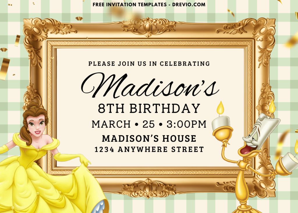 Disney (Free Canva Template) Beauty And The Beast Belle Birthday Party Invitations