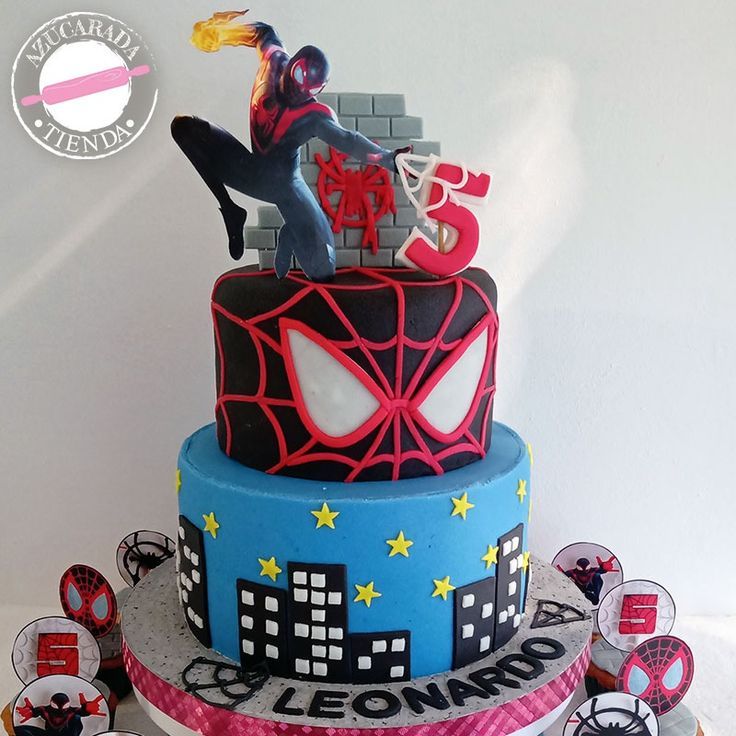 two tier Spiderman themed Birthday cake with edible fondant Miles Morales and Building