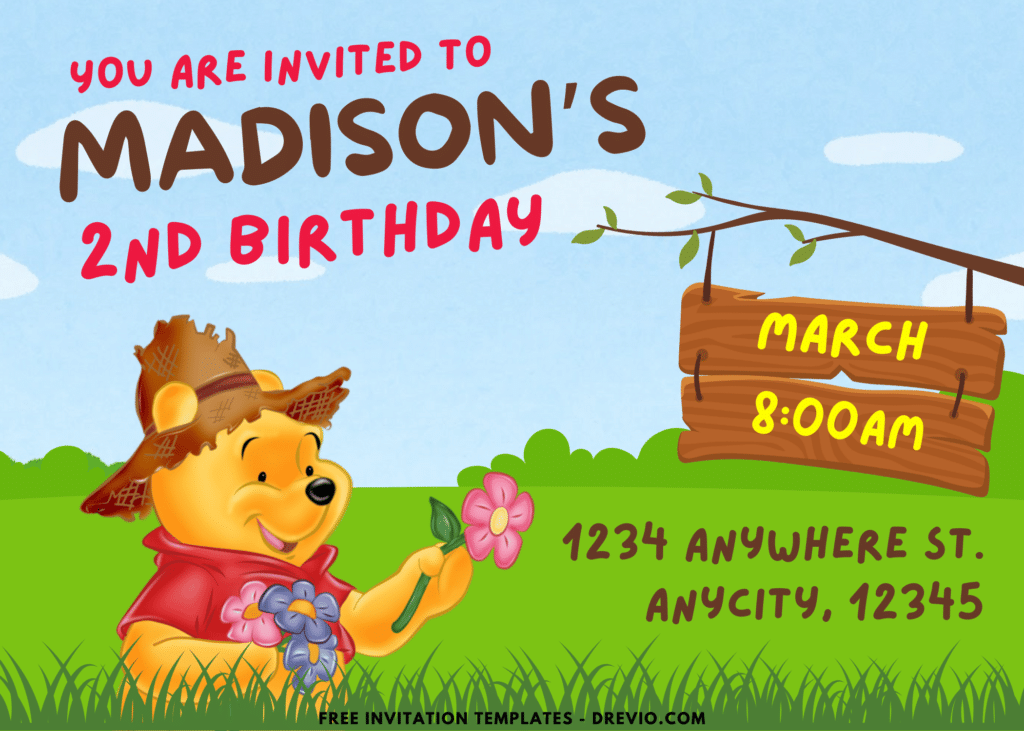 Winnie The Pooh Holding a flower Birthday Party Invitations