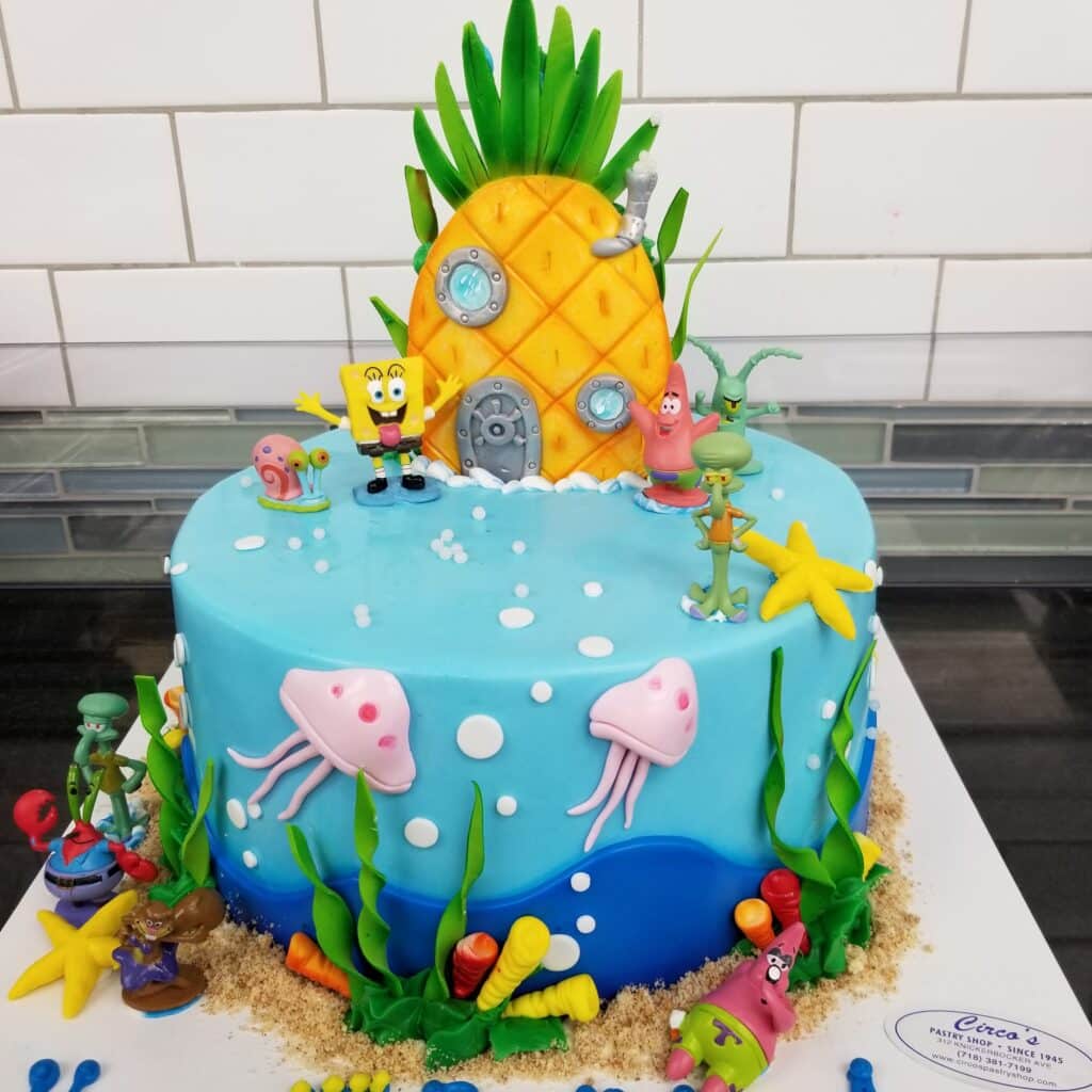 Spongebob Birthday Cake with Bikini Bottom design and SpongeBob's Pineapple house
