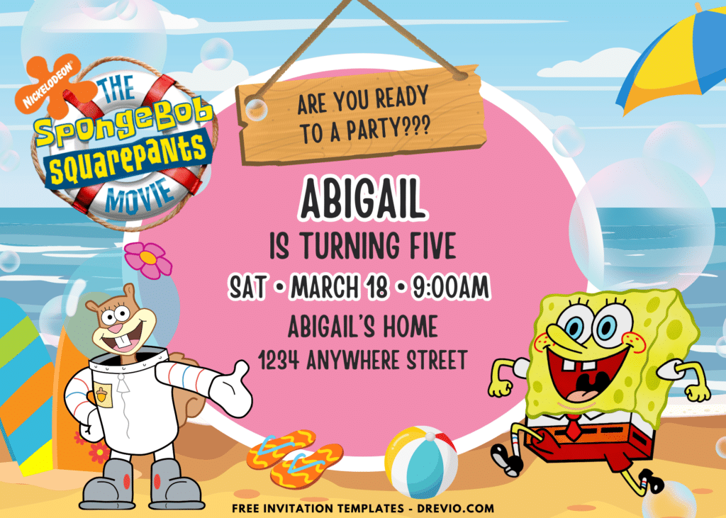 Sea And Bubbles SpongeBob Birthday Party Invitations