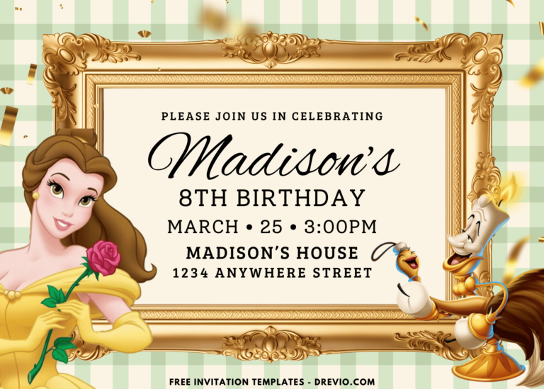 Beauty And The Beast Belle Birthday Party Invitations