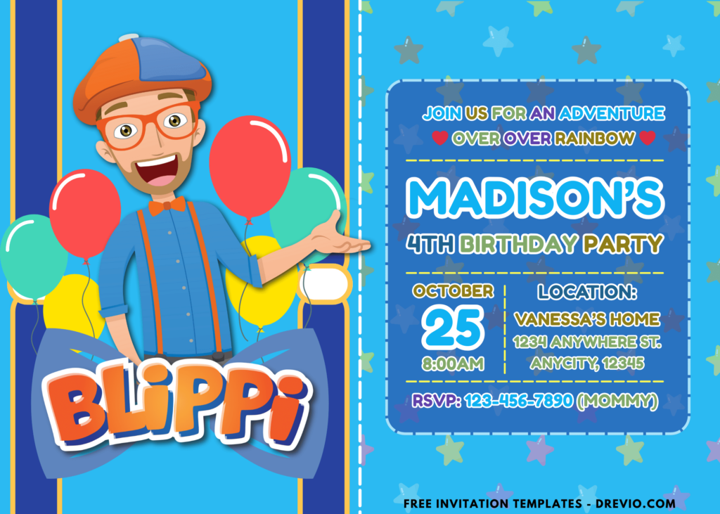 Colorful Stars Blippi Birthday Party Invitations
