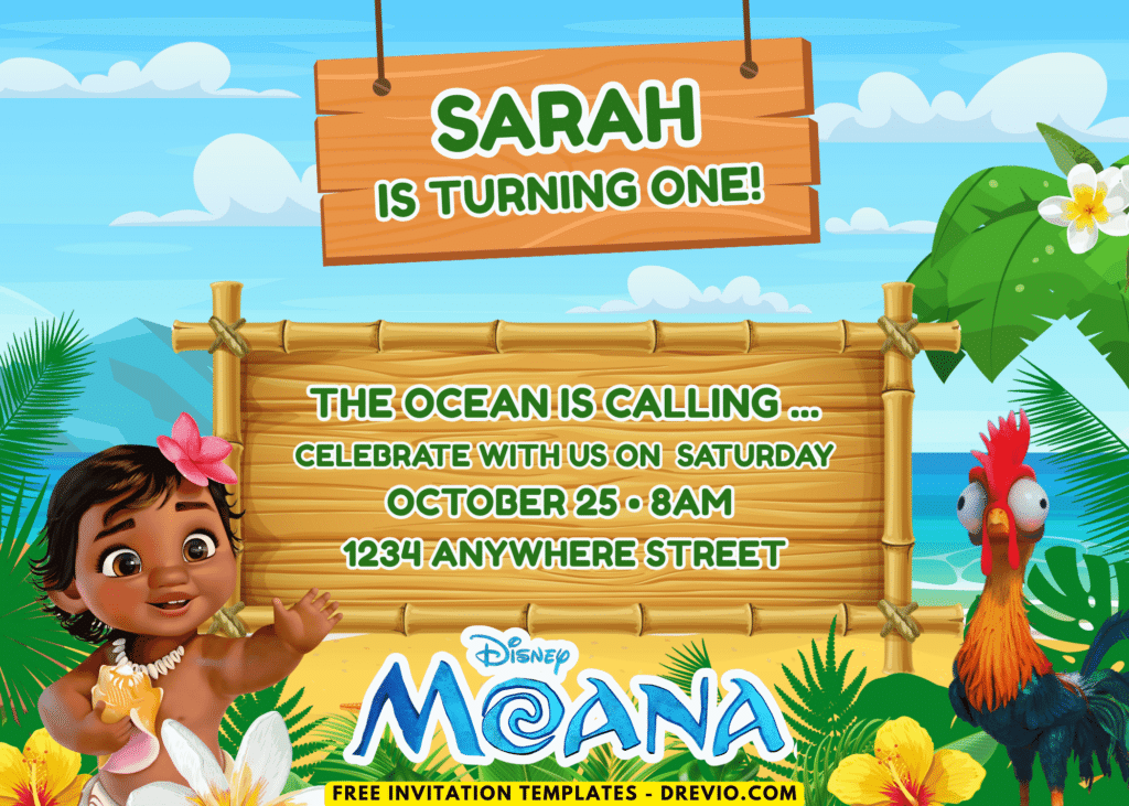 Tropical Summer Moana Birthday Party Invitations