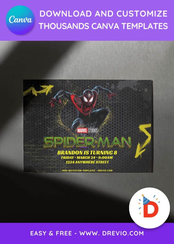 Free and Editable Marvel Spiderman Birthday Invitation Templates Made in Canva. Customize Online for free