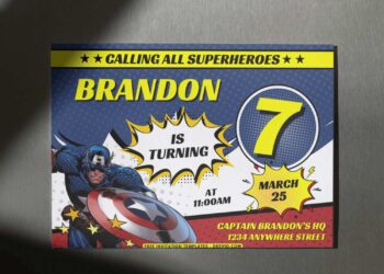 Free and Editable Comic Style Captain America Birthday Invitation Templates Made in Canva. Customize Online for free
