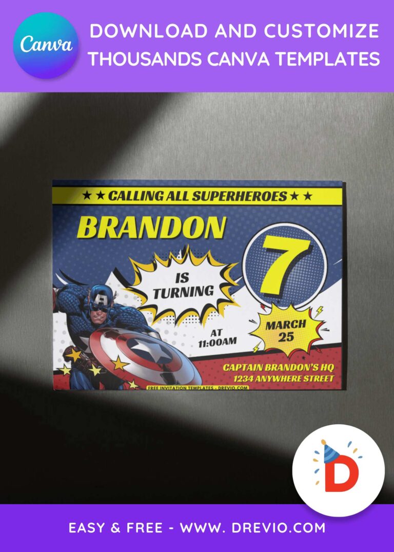 Free and Editable Comic Style Captain America Birthday Invitation Templates Made in Canva. Customize Online for free