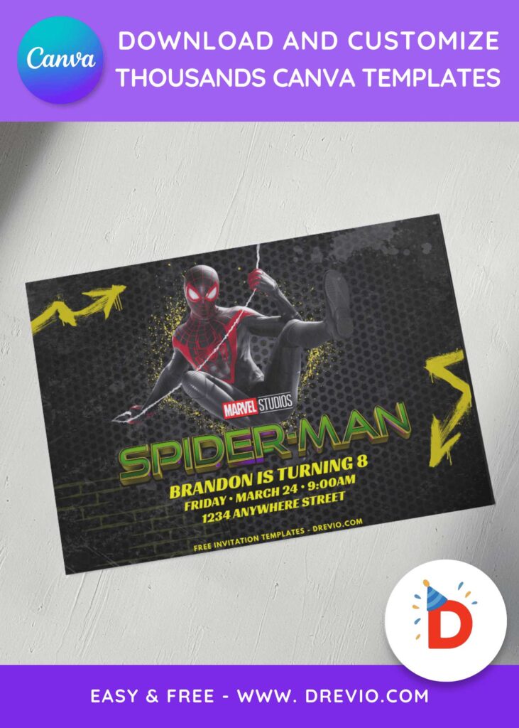 Free and Editable Gravity Wall Art Spiderman Birthday Invitation Templates Made in Canva. Customize Online for free