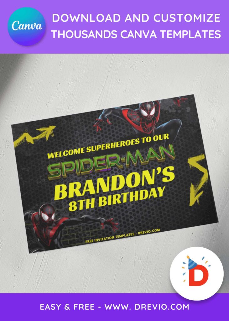 Free and Editable Spiderman Miles Morales Birthday Welcome Sign Board Templates Made in Canva. Customize Online for free