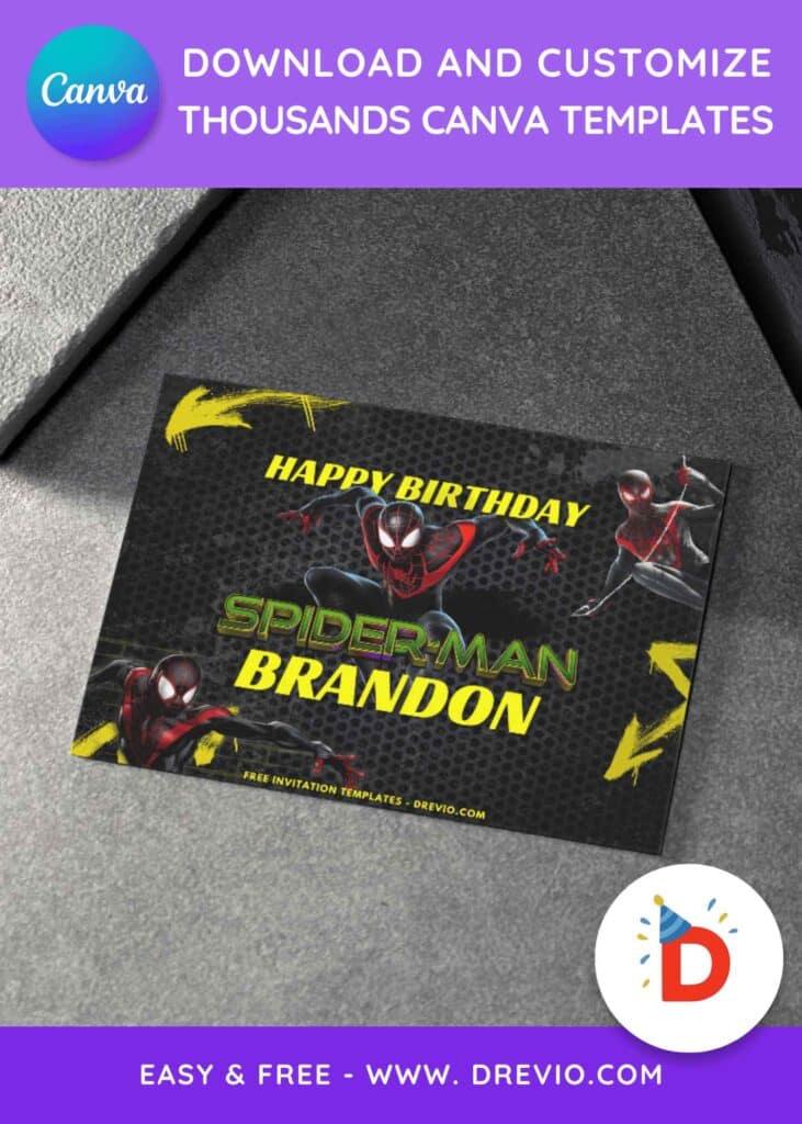 Free and Editable Spiderman Miles Morales Birthday Party Backdrop Templates Made in Canva. Customize Online for free