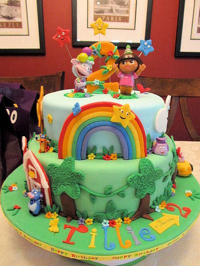 Dora the Explorer Birthday Cake with Rainbow Fondant and adorable Dora and Boots Figurines