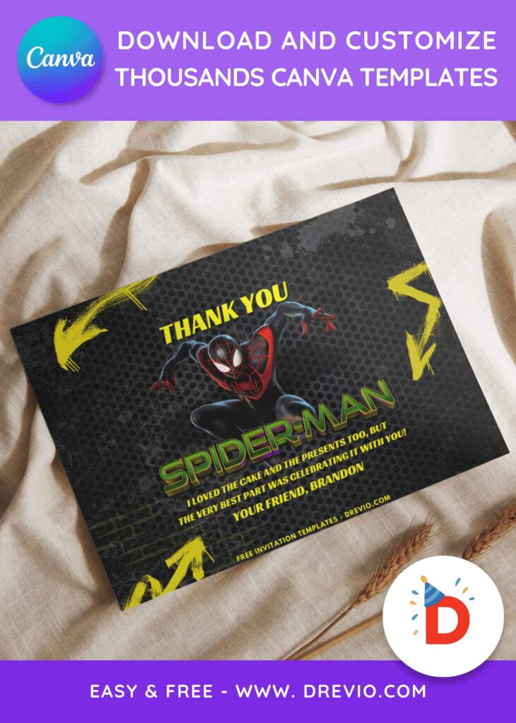 Free and Editable Spiderman Miles Morales Birthday Thank You Card Templates Made in Canva. Customize Online for free